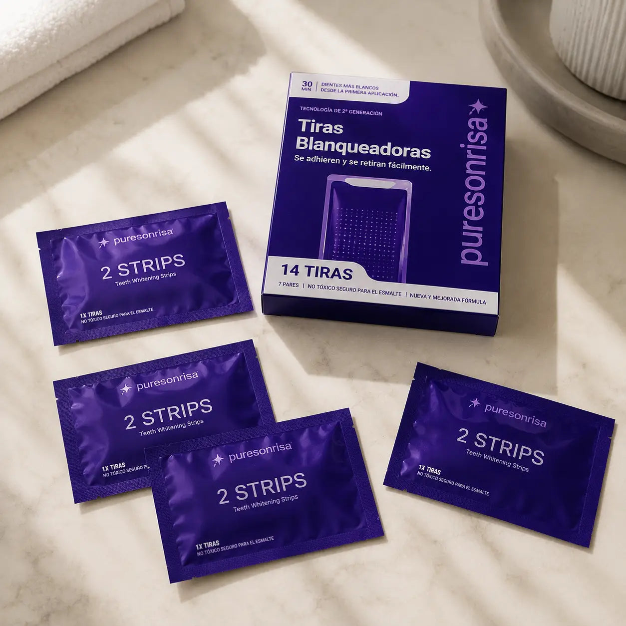Cómo usar tiras blanqueadoras moradas PureSonrisa 30 minutos
