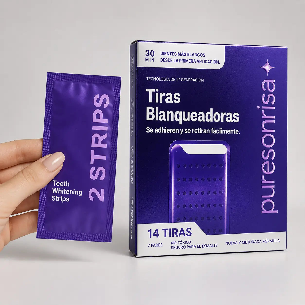 Cómo usar tiras blanqueadoras moradas PureSonrisa 30 minutos