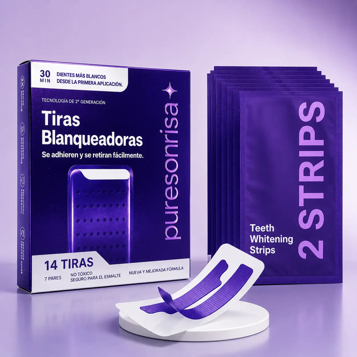 Cómo usar tiras blanqueadoras moradas PureSonrisa 30 minutos