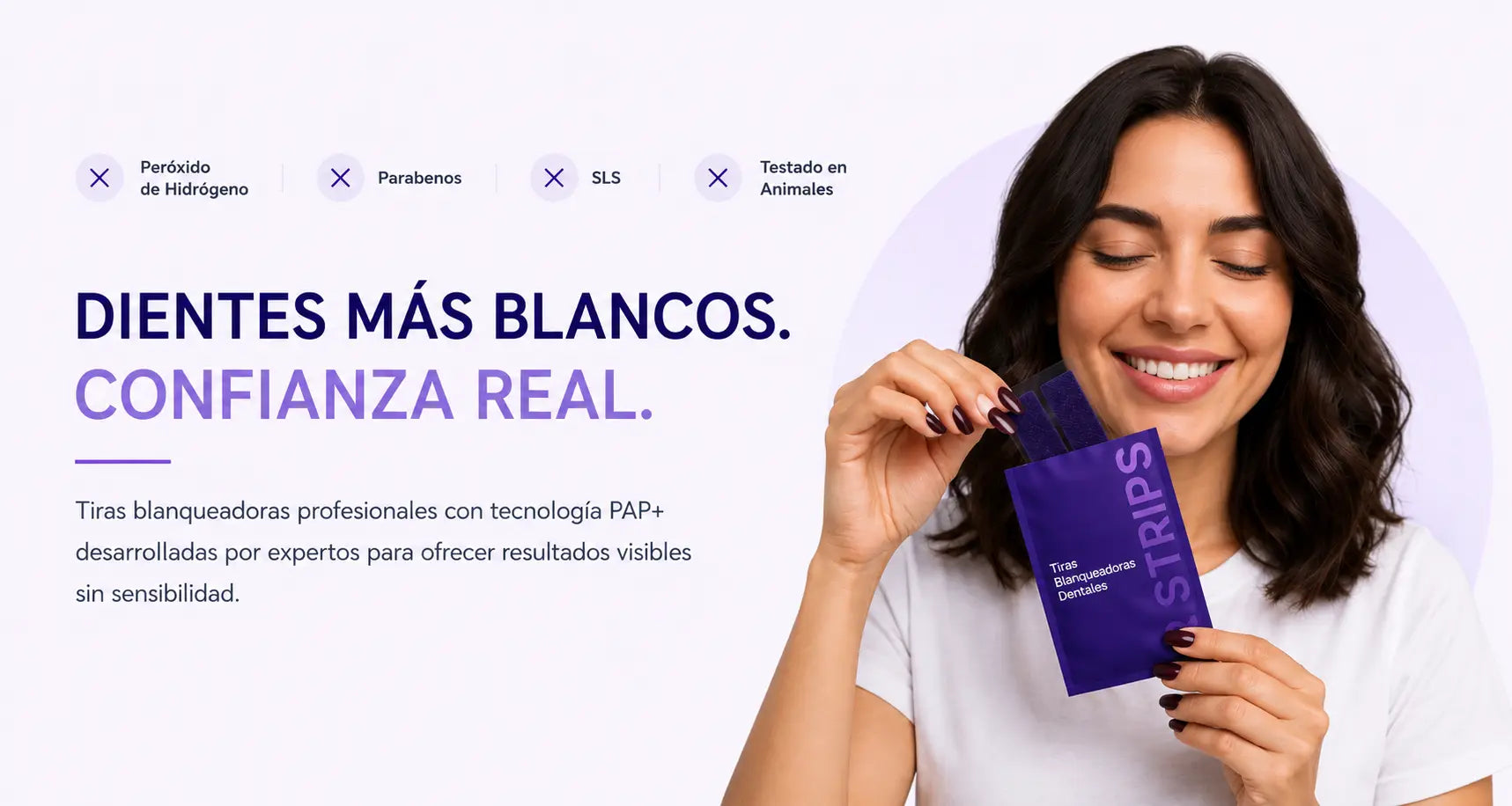 Tiras blanqueadoras moradas PureSonrisa sin peróxido