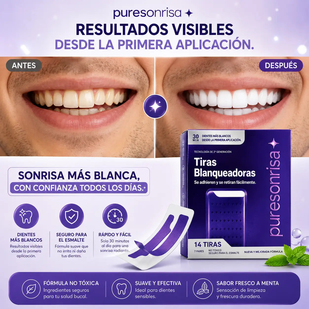Cómo usar tiras blanqueadoras moradas PureSonrisa 30 minutos