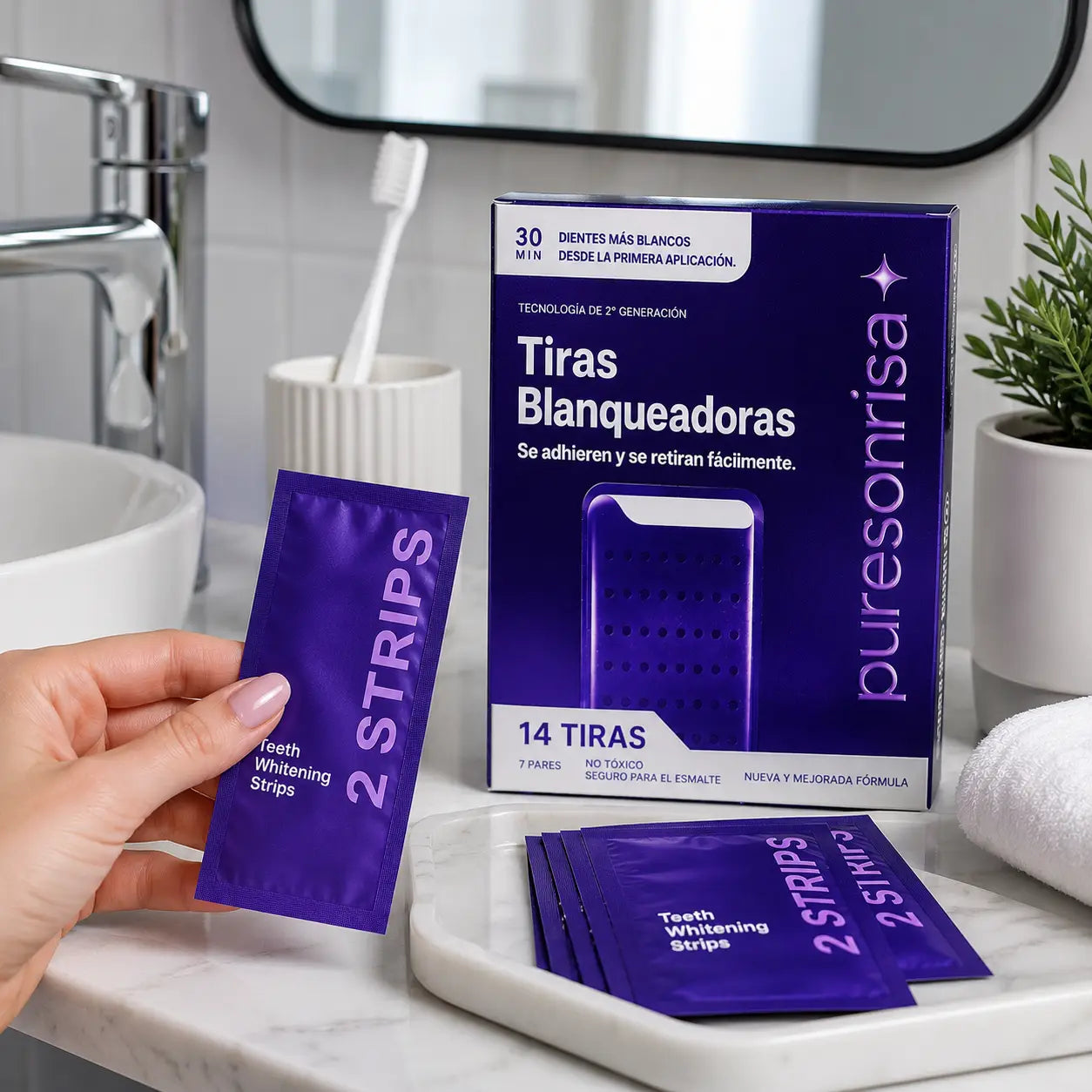 Cómo usar tiras blanqueadoras moradas PureSonrisa 30 minutos